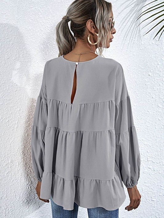 Shiny Round Neck Dropped Shoulder Tiered Blouse Trendsi 113bf64430ea4daf9f07deece71399dd-Max