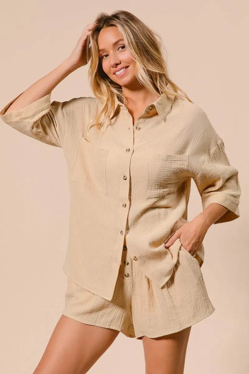 BiBi Crinkle Gauze Shirt and Short Set Trendsi 11515e47862042fca0caa866017ea96f-Max-Origin