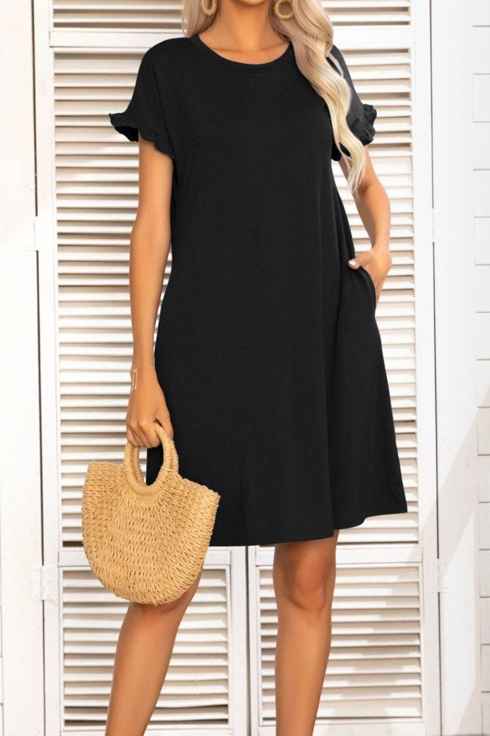 Flounce Sleeve Round Neck Dress with Pockets Trendsi 11545f1c637c45989dce589cbc53f9b7-Max