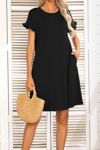 Flounce Sleeve Round Neck Dress with Pockets Trendsi 11545f1c637c45989dce589cbc53f9b7-Max