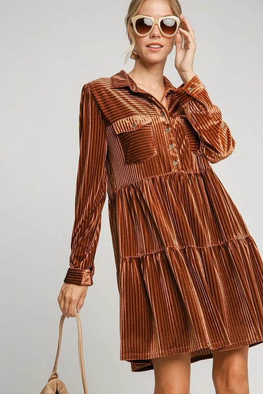 Umgee Texture Tiered Collared Long Sleeve Dress Copper Trendsi 11693907-7980-4171-8287-f9647ddd3f12-Max
