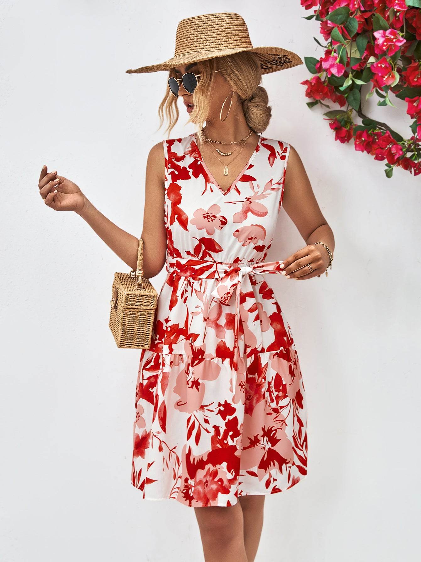 Floral V-Neck Tie Waist Sleeveless Dress Trendsi 1174080b0888486bb9137c498071f2bd-Max