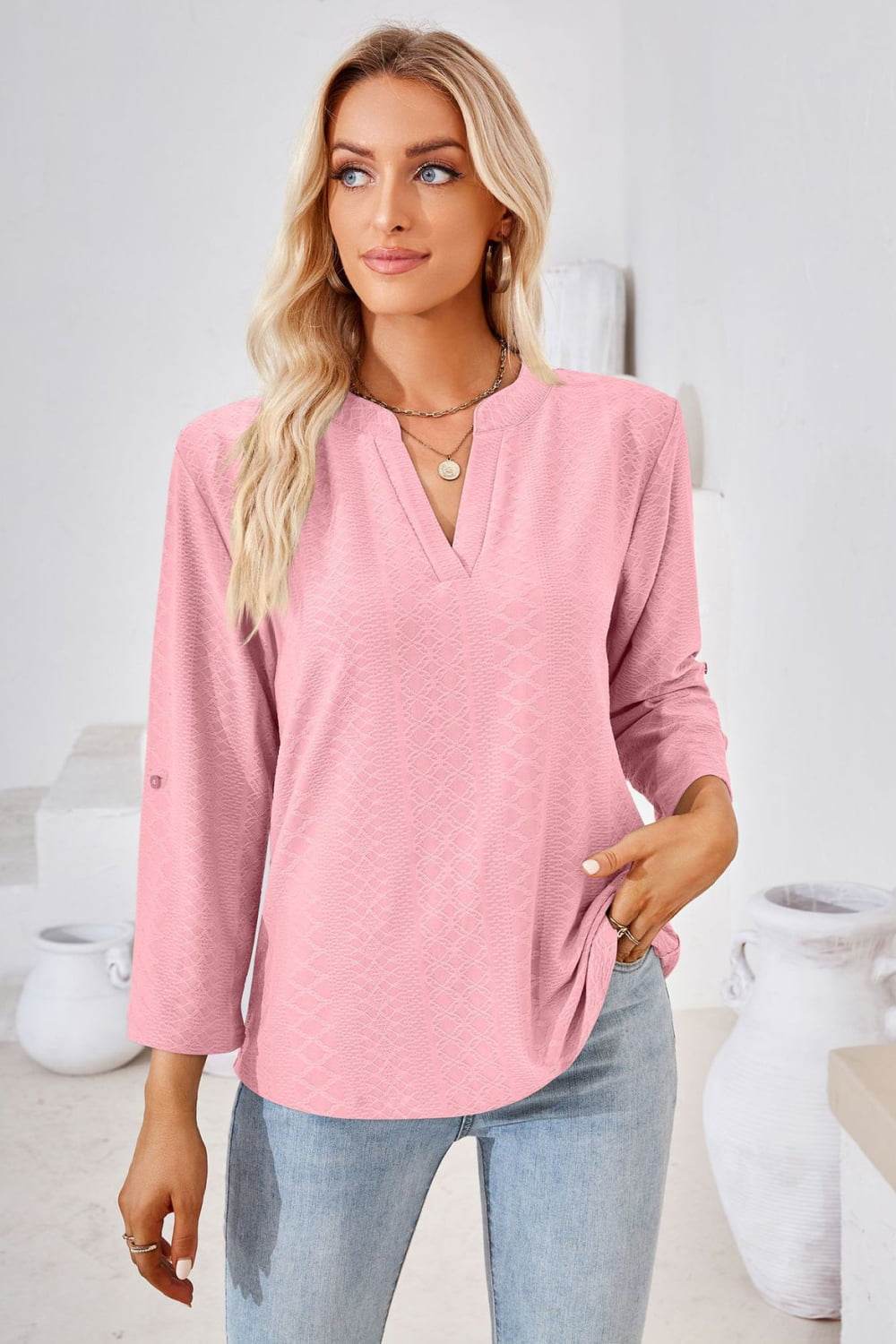V-Neck Roll-Tap Sleeve Blouse Pink Trendsi 117b6e0b634441d89c3201ca73360212-Max