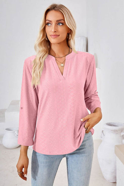 V-Neck Roll-Tap Sleeve Blouse Pink Trendsi 117b6e0b634441d89c3201ca73360212-Max