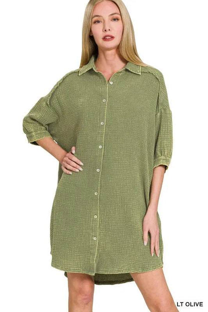 Zenana Washed Double Gauze Button Down Shirt Dress LT OLIVE Trendsi 1187ee5631154045a09b08232a336414-Max-Origin