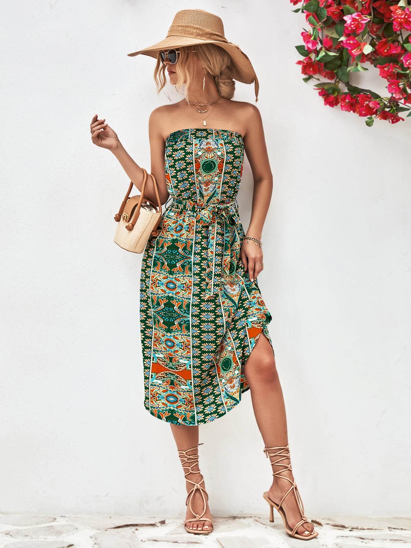 Printed Strapless Tie Belt Dress Trendsi 118c1e33bcbc43b2a60e1b5166d57b4e-Max
