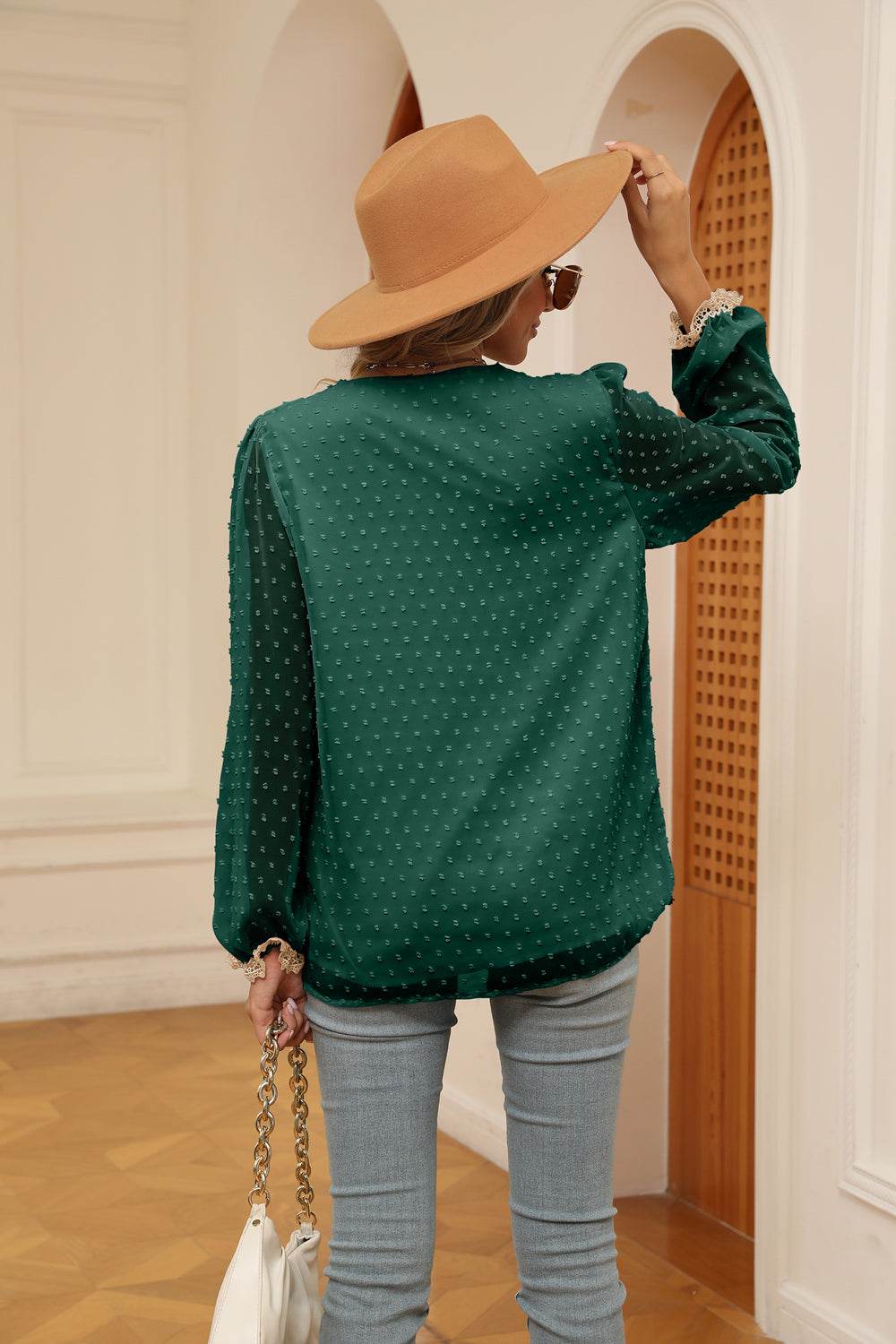 Swiss Dot Contrast V-Neck Blouse Trendsi 119abb1c66d64cac8ec179970ed0a20f-Max