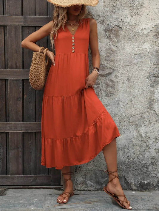 Ivy Lane Decorative Button Notched Sleeveless Dress Orange-Red Trendsi 11a5b67f-823c-4b84-b828-8dbdd6d6041c-Max