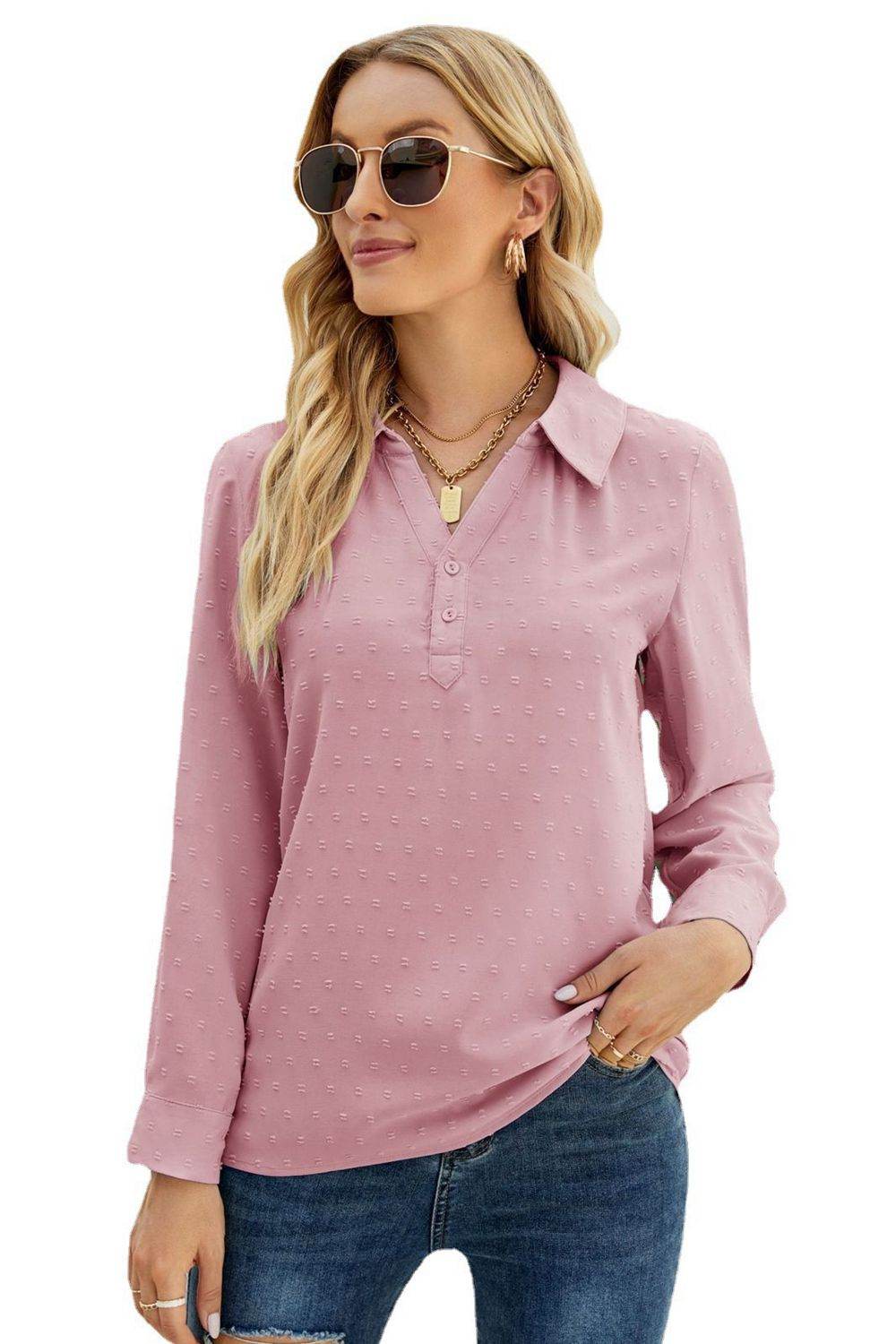Swiss Dot Johnny Collar Blouse Trendsi 11a7a12dfe98483a93b580385896fc4c-Max