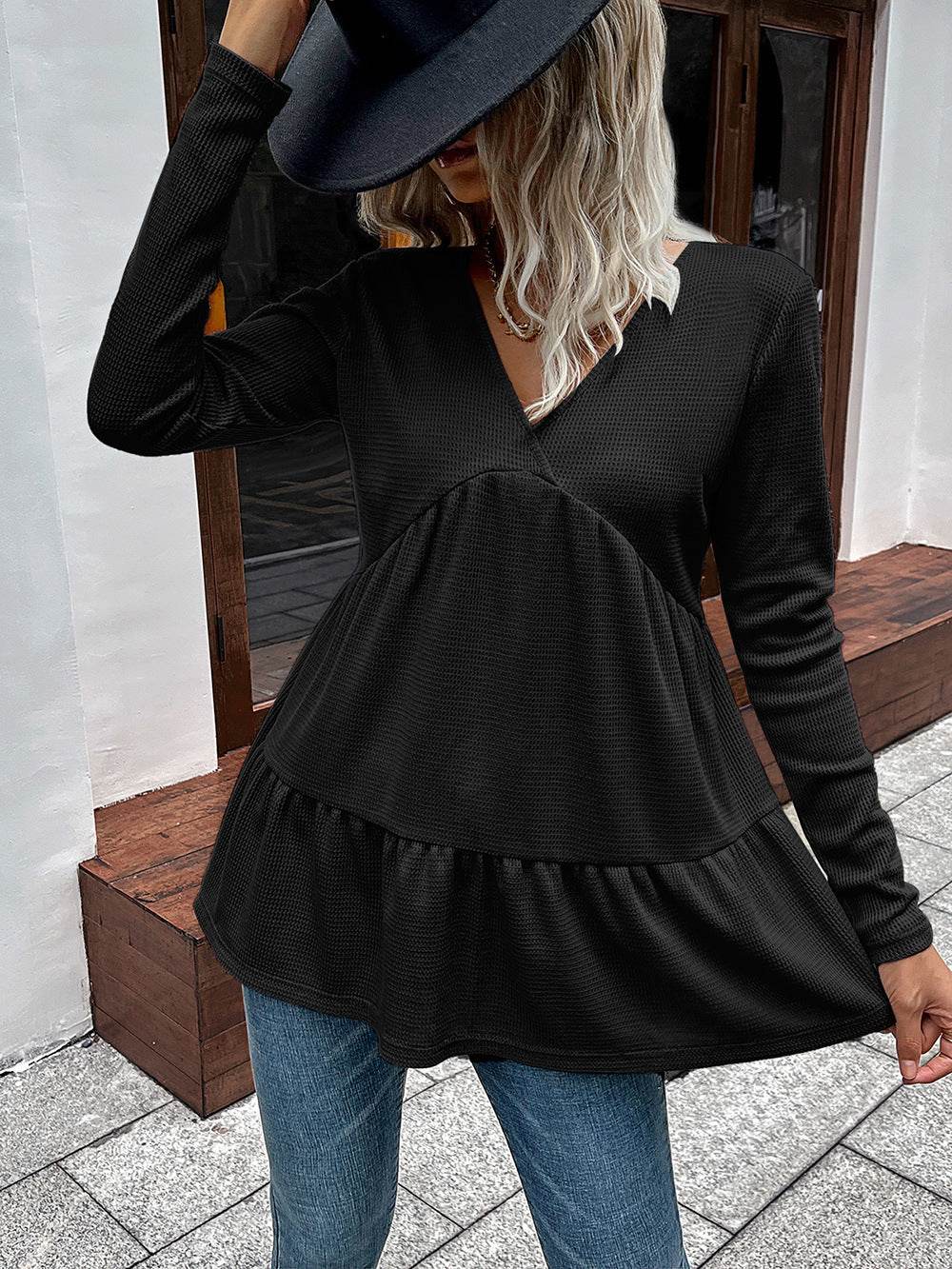 Ivy Lane Waffle-Knit V-Neck Long Sleeve Blouse Trendsi 11c5e7a963f347c280219a7ef813585d-Max