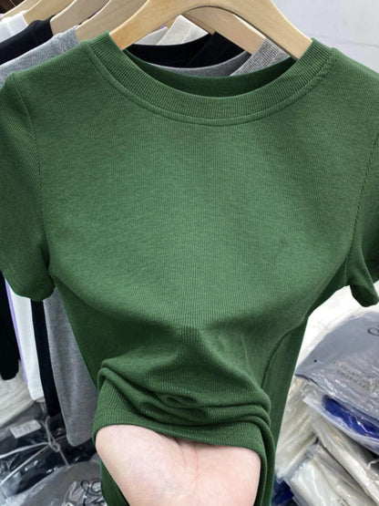 Crew Neck Short Sleeve T-Shirt Dark Green Trendsi 11d59273-5580-4f56-a827-bf08add62a21-Max-Origin