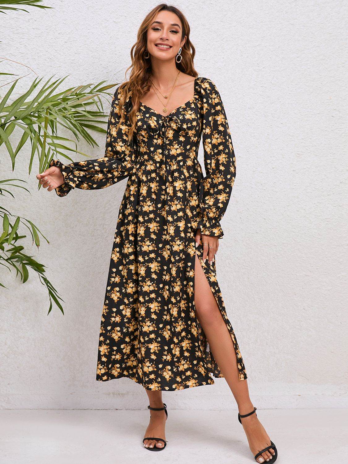 Flounce Sleeve Slit Midi Dress Black Trendsi 11dfee4f928045c39787a115765ee99e-Max