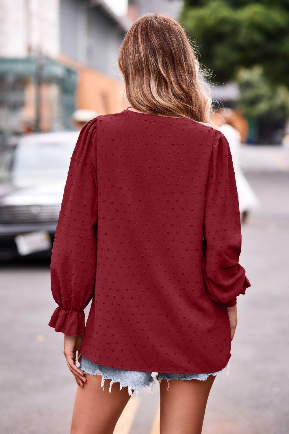 Swiss Dot Notched Neck Flounce Sleeve Blouse Trendsi 11f86f0841f64957803f16a0b7368d1a-Max