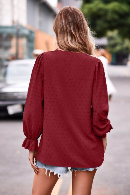 Swiss Dot Notched Neck Flounce Sleeve Blouse Trendsi 11f86f0841f64957803f16a0b7368d1a-Max