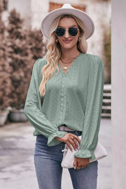 Mandy Eyelet V-Neck Flounce Sleeve Blouse Light Green Trendsi 1215db16-44c2-41e7-ae32-d87621d0a7a1-Max