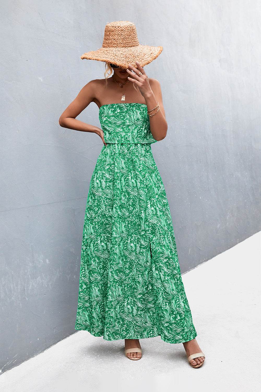 Strapless Split Maxi Dress Green Trendsi 1236aa3682604bffb159e1eb5a892a1e-Max