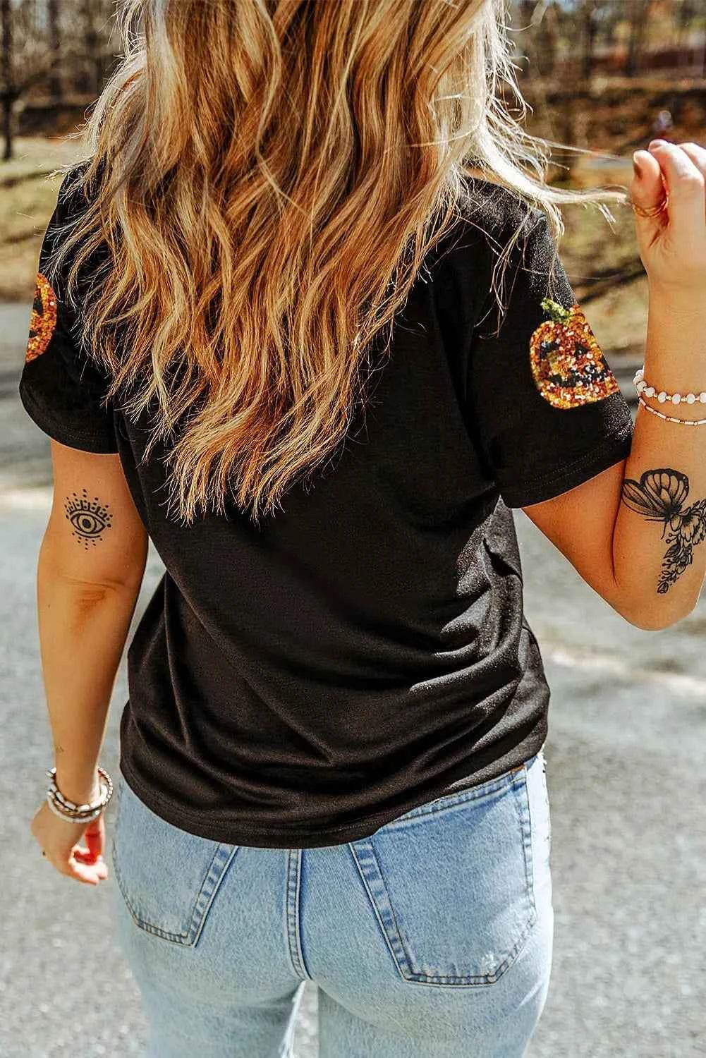 Sequin Pumpkin Round Neck Short Sleeve T-Shirt Trendsi 1247f172-5382-4100-8401-fb9c64fc0f92-Max