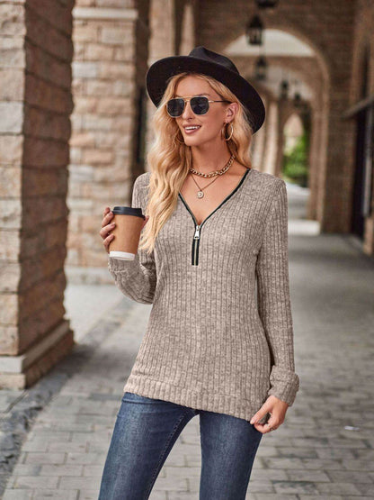 Half-Zip V-Neck Long Sleeve Top Dust Storm Trendsi 125a6cc466444f82b866c4e00791df3e-Max