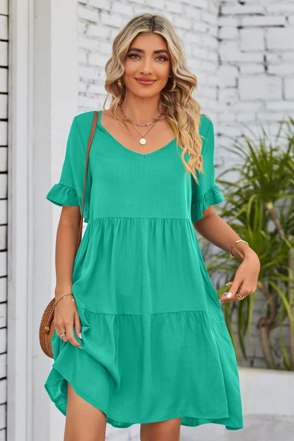 Mandy V-Neck Flounce Sleeve Tiered Dress Trendsi 125ce076207640c7acbb54c70db9f8ab-Max