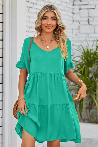 Mandy V-Neck Flounce Sleeve Tiered Dress Trendsi 125ce076207640c7acbb54c70db9f8ab-Max