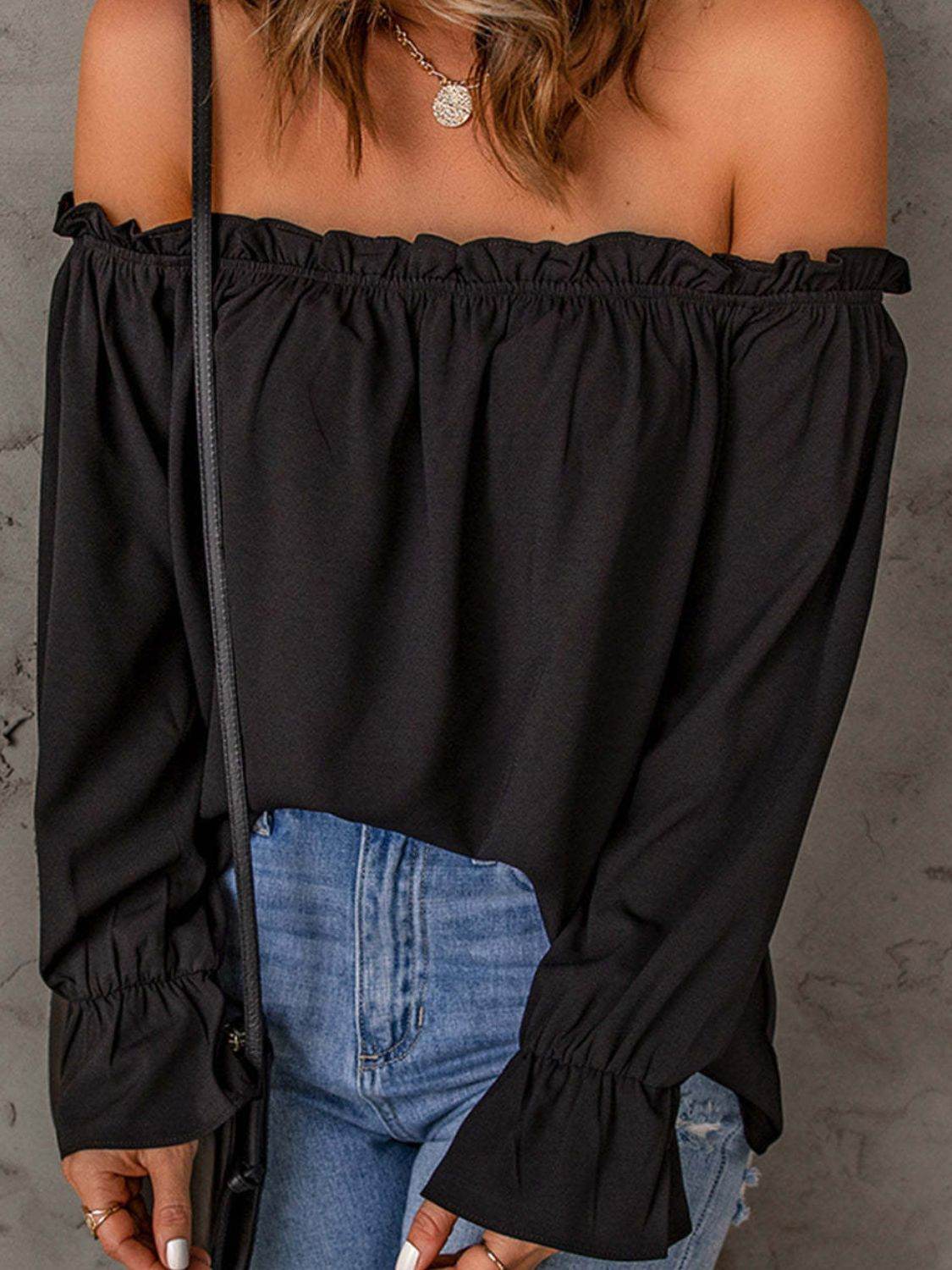 Off-Shoulder Flounce Sleeve Blouse Trendsi 125e58ce489b4c21a6e1ce3130345f65-Max
