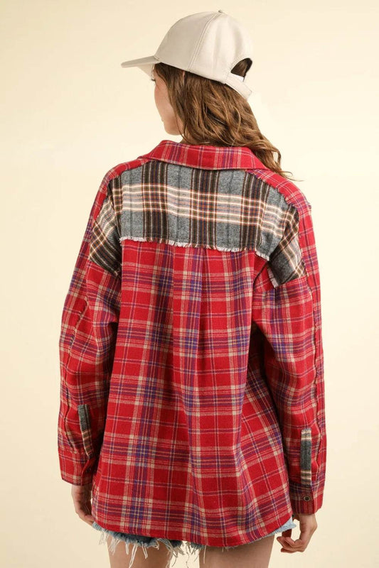 VERY J Contrast Plaid Raw Detail Shirt Trendsi 127195f9-5881-4096-824f-8fa779370c4d-Max