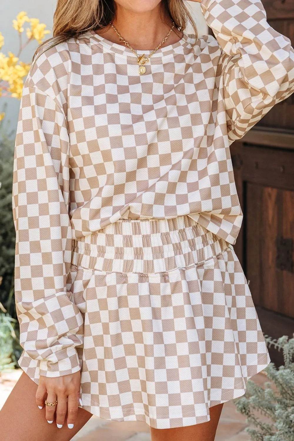 Checkered Long Sleeve Top and Skirt Two-Piece Set Trendsi 1297fa10-7448-4150-b65a-5df0e4fa9bf9-Max-Origin