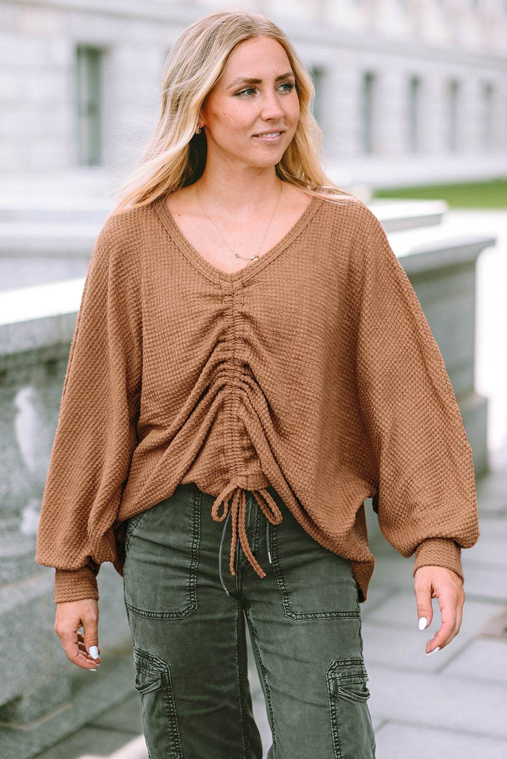Drawstring Ruched V-Neck Blouse Trendsi 12acd0971a5b42848bd8c323d9efd448-Max