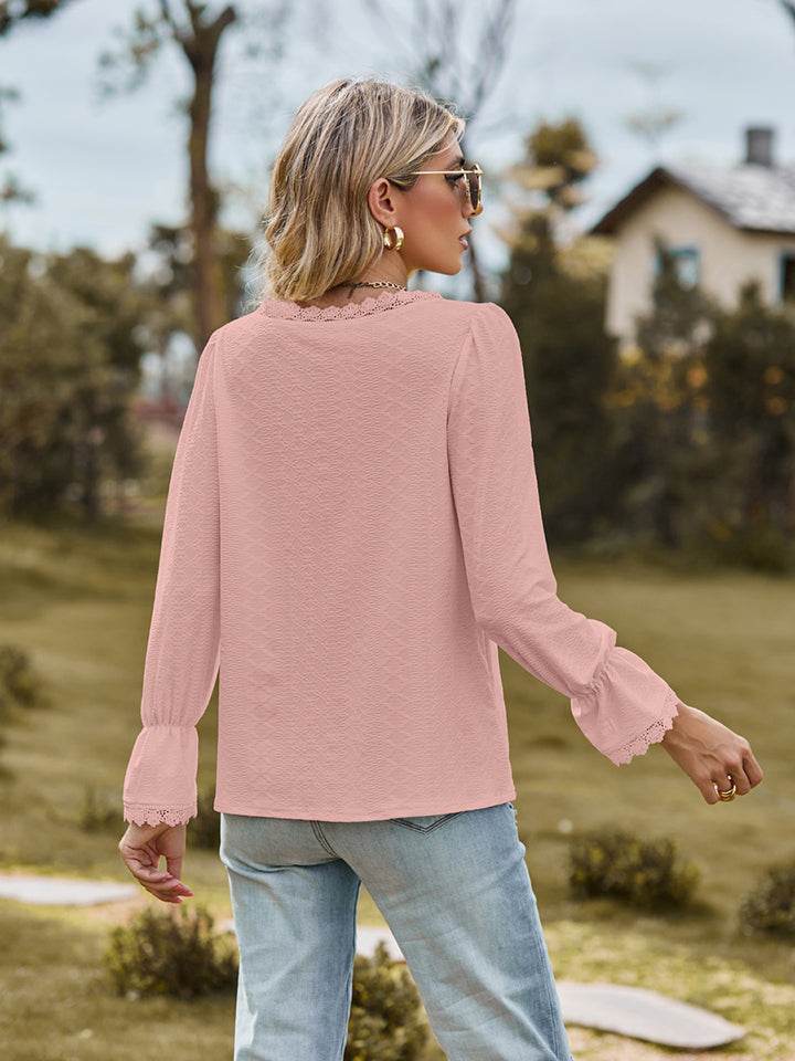 V-Neck Flounce Sleeve Blouse Trendsi 12cb0aa9da88400cb101403a52eb1457-Max