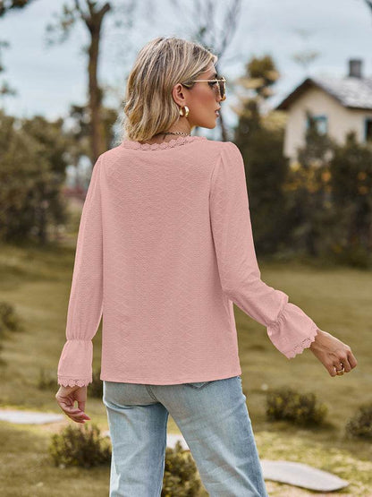 V-Neck Flounce Sleeve Blouse Trendsi 12cb0aa9da88400cb101403a52eb1457-Max