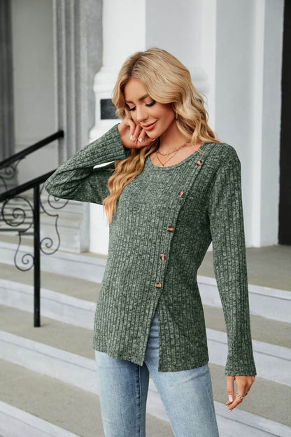 Buttoned Long Sleeve Slit Top Trendsi 12cb79291b2144dfa1ad452aeed4a633-Max
