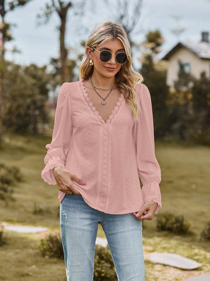 V-Neck Flounce Sleeve Blouse Trendsi 12d43f543bce4ebbb737e576407477e2-Max