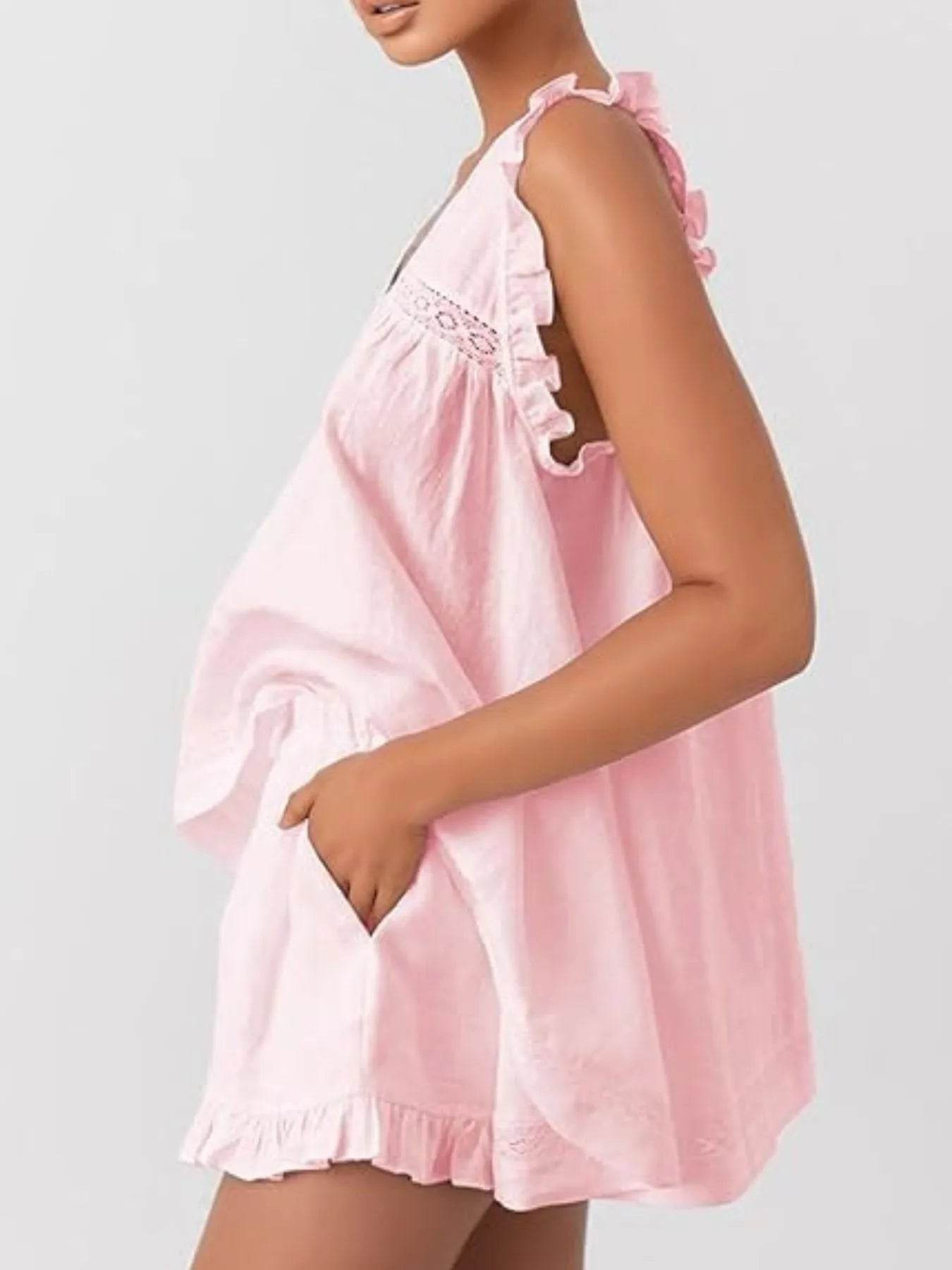 Ruffled V-Neck Top and Shorts Set Trendsi 12ed2794-ad98-4738-8d40-574e9a5c227d-Max-Origin