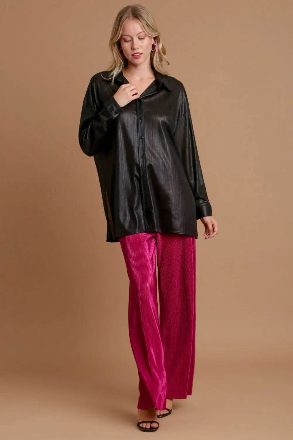 Umgee Side Slit Button Up Long Sleeve Shirt Trendsi 13215f3c-9626-4e40-86d4-da9438feb943-Max
