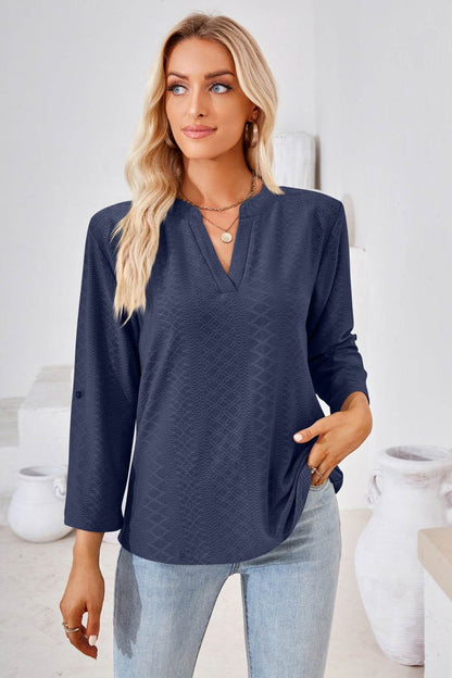 V-Neck Roll-Tap Sleeve Blouse Dark Blue Trendsi 132a353d147a45f1a13071a6bc43bfae-Max