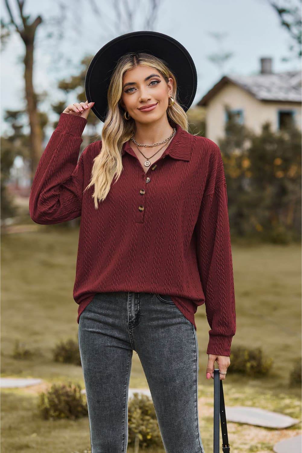 Collared Neck Long Sleeve Blouse Burgundy Trendsi 13782634406d435b96032478968221e3-Max