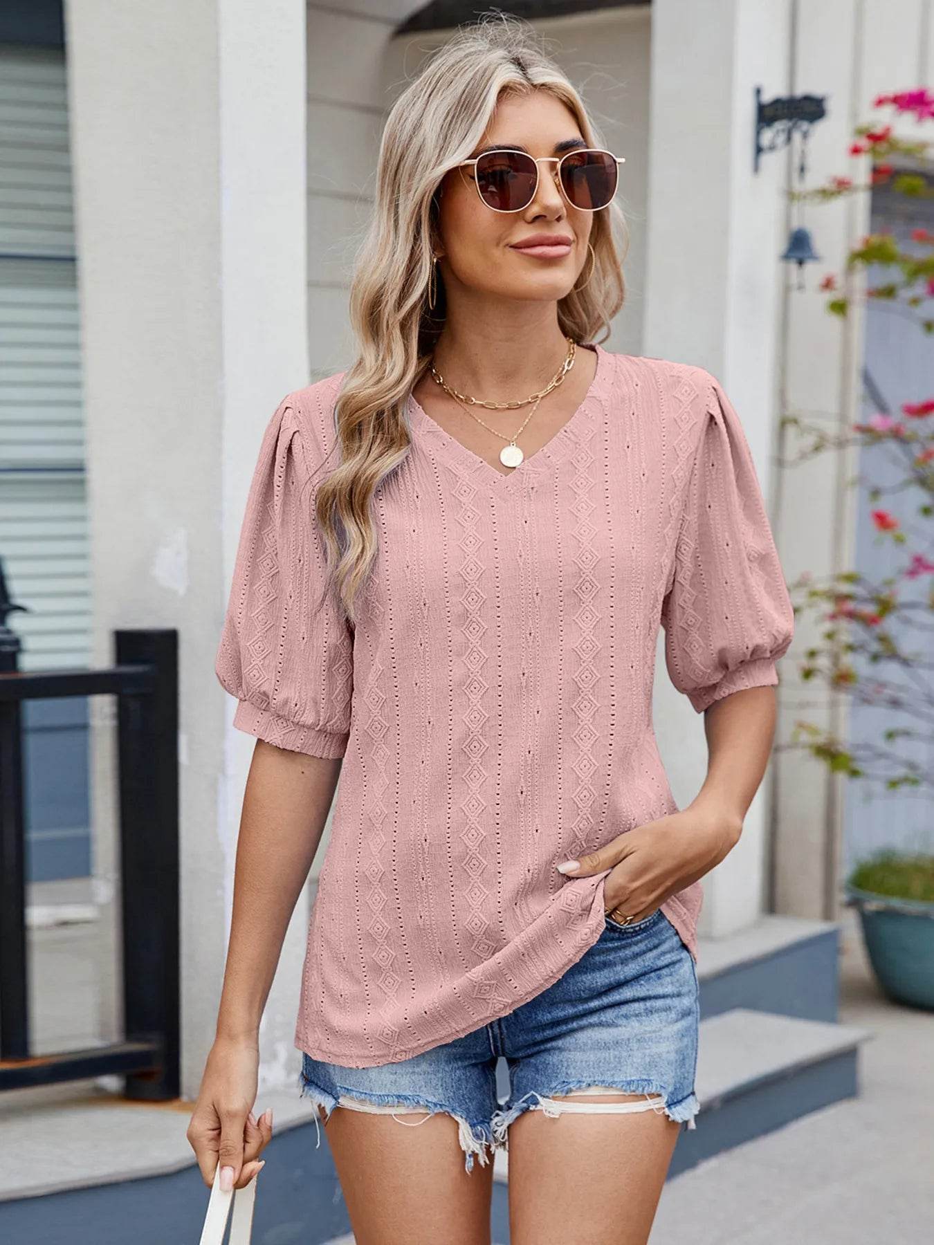 Eyelet V-Neck Puff Sleeve Casual Top Trendsi 1398aeef35dc468fa17a2308aca63d0a-Max-Origin