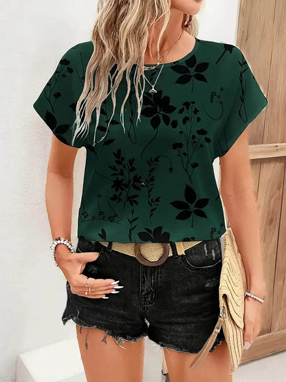 Printed Round Neck Short Sleeve Blouse Trendsi 139c60098bd343b99aed073cbb55df1e-Max-Origin