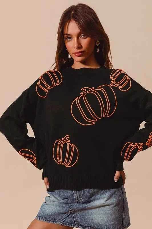 SO ME Pumpkin Embroidered Halloween Thanksgiving Sweater BLACK ORANGE Trendsi 13bdd888-1723-4455-9a43-fcbbfb589e15-Max-Origin