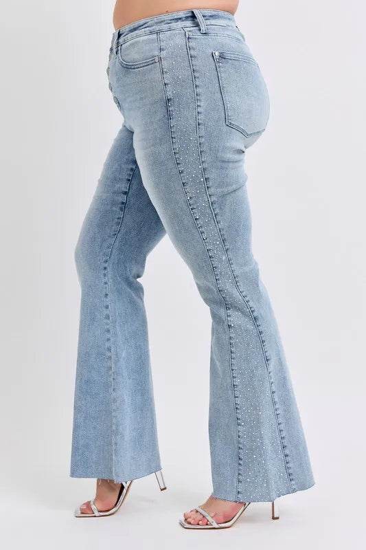 Judy Blue Full Size Mid Rise Rhinestone Side Panel Detail Flare Jeans Plus Size Trendsi 13c9c887-08a7-43c2-9c36-7fb477086218-Max-Origin
