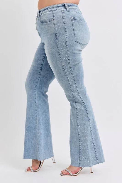 Judy Blue Full Size Mid Rise Rhinestone Side Panel Detail Flare Jeans Plus Size Trendsi 13c9c887-08a7-43c2-9c36-7fb477086218-Max-Origin