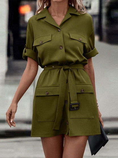 Shiny Tie Waist Collared Dress Army Green Trendsi 14012c8539f94268b4468393cbc7ccc1-Max