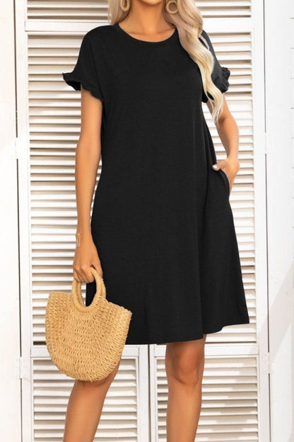 Flounce Sleeve Round Neck Dress with Pockets Black Trendsi 140b7c34243c46448a1ba0c25aa27bda-Max