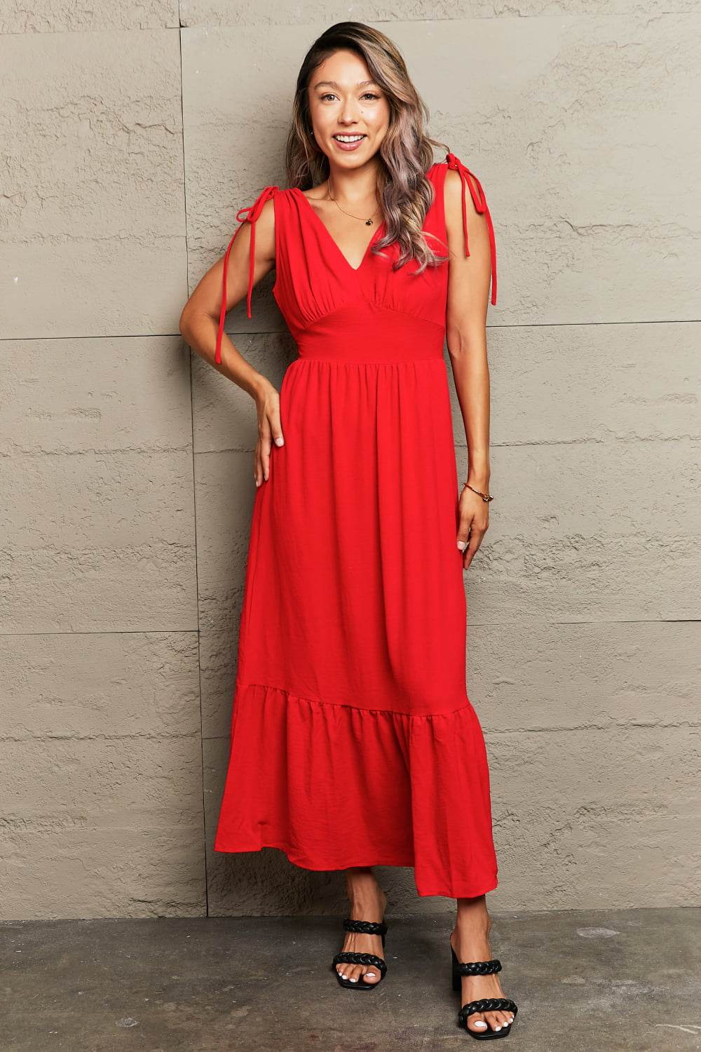 Perfee Drawstring V-Neck Sleeveless Dress Trendsi 140c2cbe505d4f69b0db8a40adb84b6c-Max