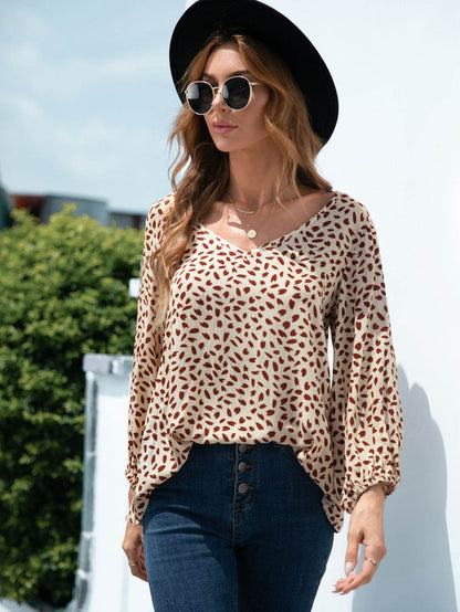 Printed V-Neck Balloon Sleeve Blouse Trendsi 140f72a6d10a4efa9d084596ef3818e4-Max
