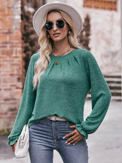 Mandy Long Flounce Sleeve Round Neck Blouse Green Trendsi 1410b6b98ab1450a826bd713f0f54e6d-Max