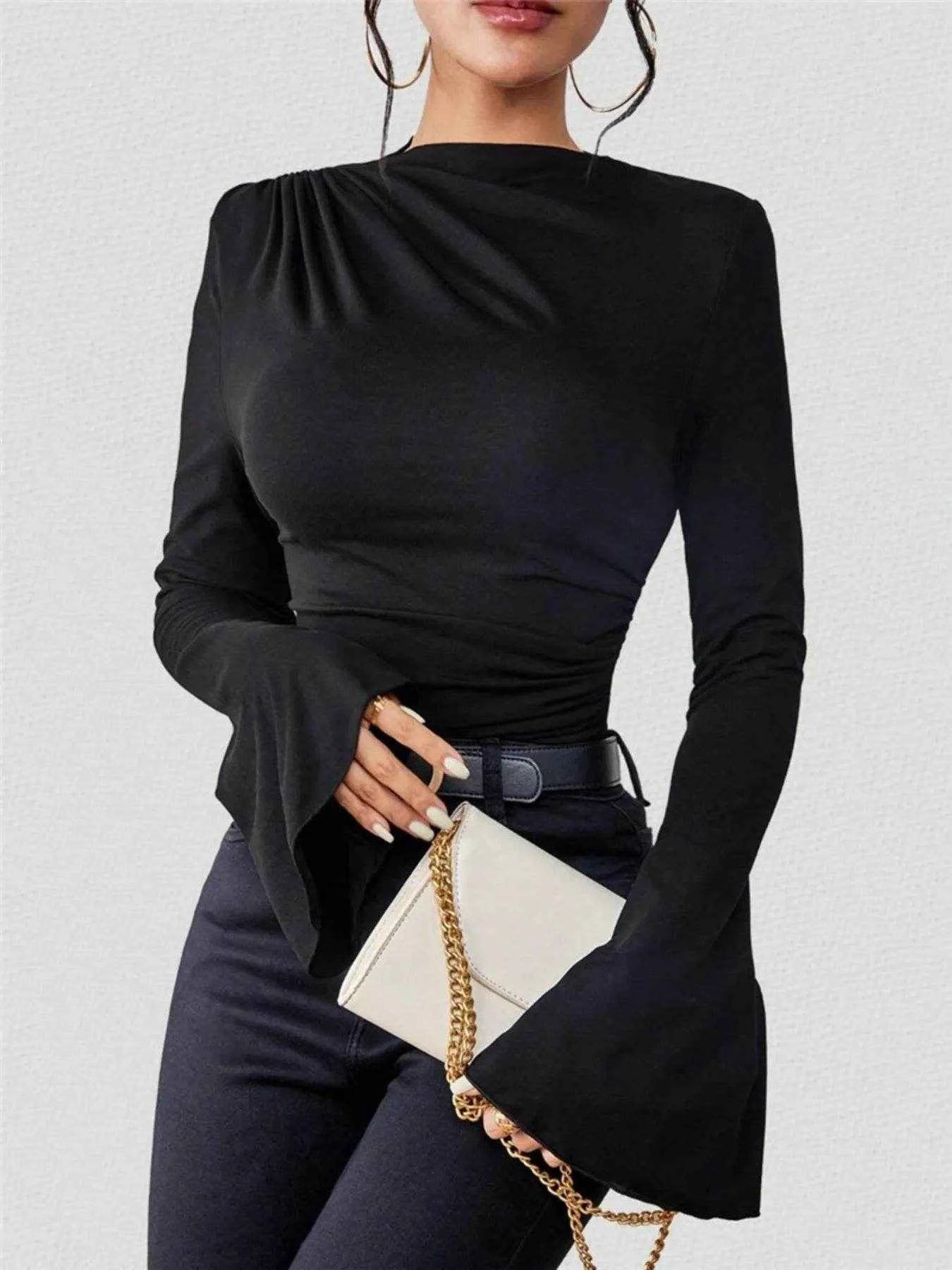 Bell Sleeve Ruched Fitted T-Shirt with Mock Neck Black Trendsi 14116788a7ea429da55542d910037fbd-Max-Origin