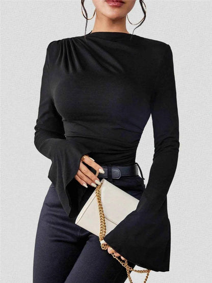 Bell Sleeve Ruched Fitted T-Shirt with Mock Neck Black Trendsi 14116788a7ea429da55542d910037fbd-Max-Origin
