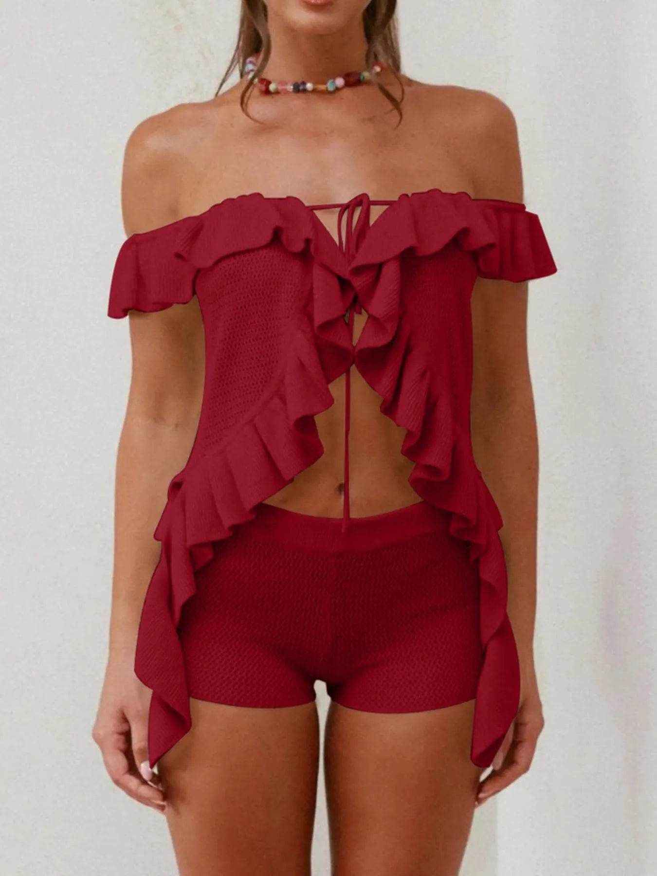 Off-Shoulder Ruffle Top and Shorts Sweater Set Trendsi 142048be-668c-43ac-a9b5-a61274dea874-Max-Origin