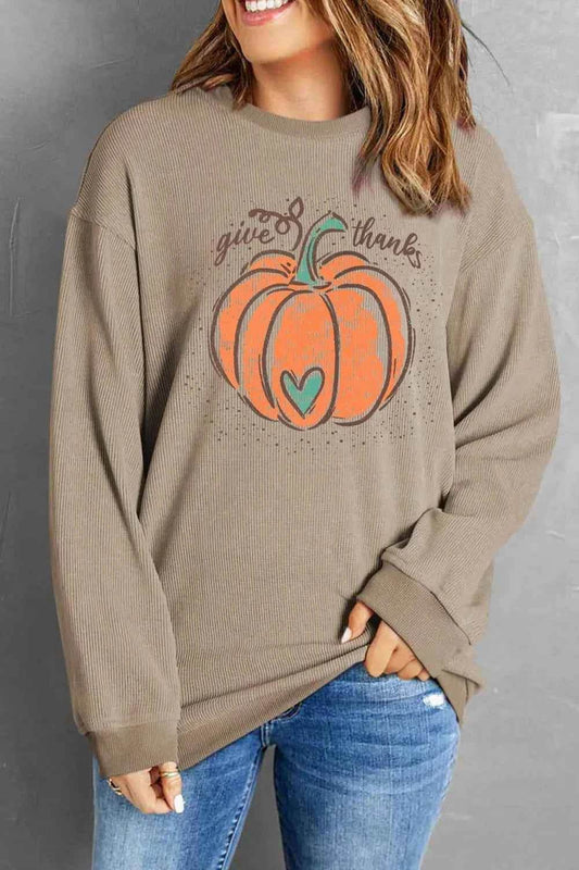 Pumpkin Graphic Round Neck Long Sleeve Sweatshirt Tan Trendsi 1420499cd50e49239bcc88c8135a451a-Max